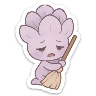 chibi style soft lavender flower in gentle purple, hugging a small broom, with an exhausted expression, full-body sticker
