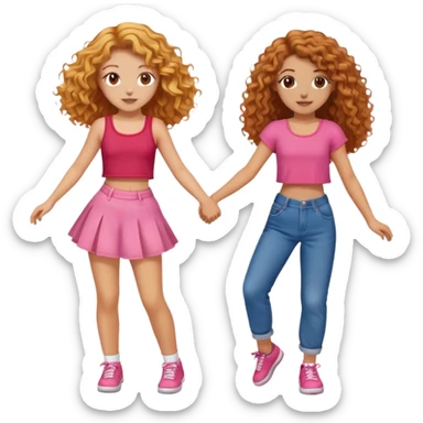 Two friends dancing, one with honey color hair, long and curly hair, brown eyes red crop top and baggy jeans and the other friend with brown with honey eyes and with a pink top and white skirt sticker