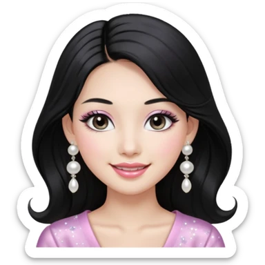 asian long voluminous black hair silver grey eyes glossy lips glittery white and light pink eyeshadow girl pearl earrings sticker