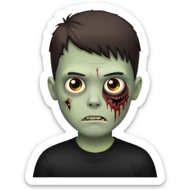 zombie white boy with dark brown edgar haircut and brown eyes (his skin is clear and white but with zombie scars) in black tee  sticker