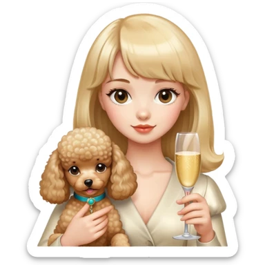 A girl with bangs holding a champagne-colored poodle sticker