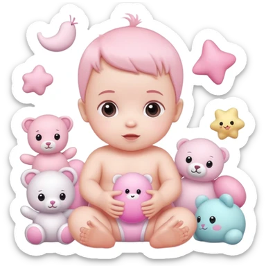 cute baby playing with pastel pink toys and plushies sticker