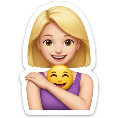 A woman with arms crossed holding neck laughing emoji sticker