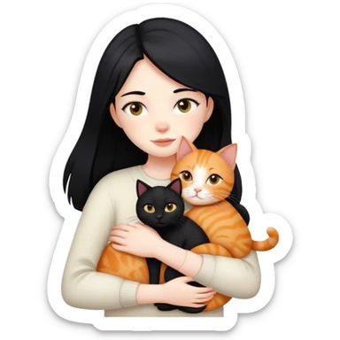 A black-haired girl hugs a ginger cat and A black cat sticker