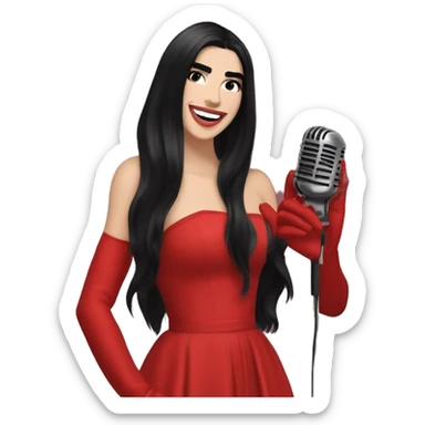 Dua Lipa, with long black hair, in red gown with red gloves smiling, singing with an old microphone sticker