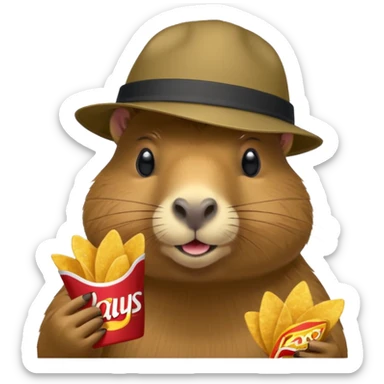 Capybara with a cool hat  eating Lays chips sticker
