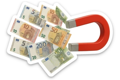 banconote di euro fluttuano vicino ad una calamita rossa, sono attratte, iperrealistico 4k sticker