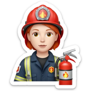 red haired Firefighter with respiratory protection with fire extinguisher sticker