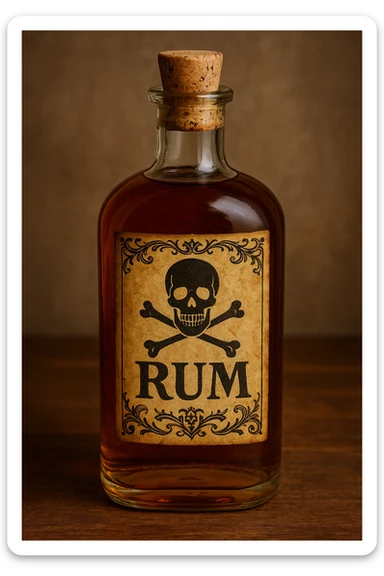 a classic rum bottle, corked, with a pirate-style label sticker