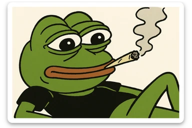 pepe the frog in a black shirt, lying back and exhaling smoke from a joint sticker