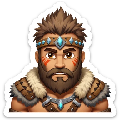 Clash of Clans style: Cinematic Rugged Barbarian Portrait Emoji, Intense and formidable with a stylized build, a rugged beard and expressive eyes, adorned in playful, battle-worn furs and cartoonish armor with tribal markings, Simplified yet powerfully detailed features, highly detailed, glowing with a deep, adventurous energy, high shine, spirited and determined, stylized with an air of raw, untamed power, soft glowing outline, capturing the essence of a barbarian warrior ready to lead epic quests! sticker