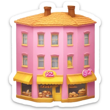 a three-floor bakery with huge house number 22 on the facet, pink and yellow only on the facet sticker