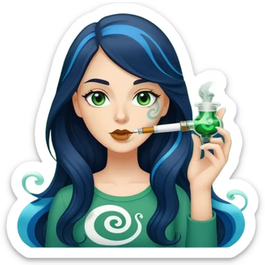 White Girl with brown eyes dark black/blue long hair. She is Smoking out of a green and white and blue swirl designed bong smoke above her. sticker