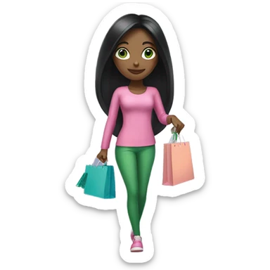 girl with very long black hair and green eyes and pink outfit holding credit card and shopping bags sticker