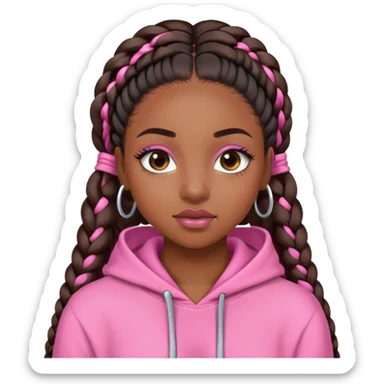 Black girl with pink hoodie long braids eyelashes and lipgloss sticker