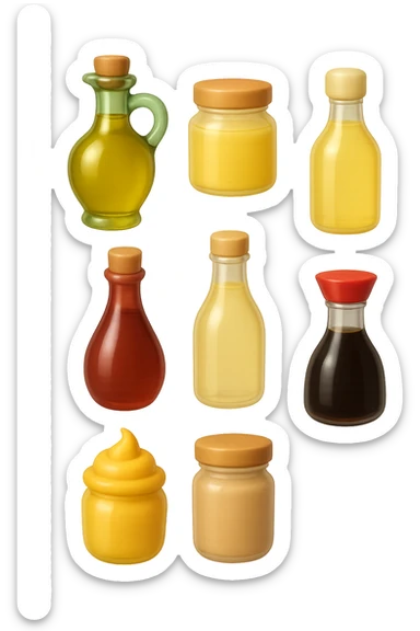 emoji stile iphone 3d di questi elementi che fluttuano in aria:

Olio extravergine d’oliva, burro chiarificato
Olio all’aglio (senza pezzetti)
Aceto di vino, aceto di riso, senape, tahin
Salsa di soia fermentata (senza aglio/cipolla)


 che fluttuano sparse casualmente in aria, iperealistico 4k sticker