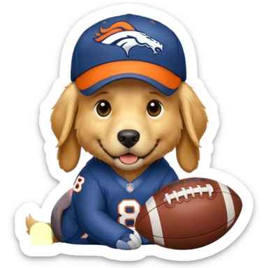 Dog wearing a Broncos hat it’s a golden retriever. The dog is holding a football. sticker
