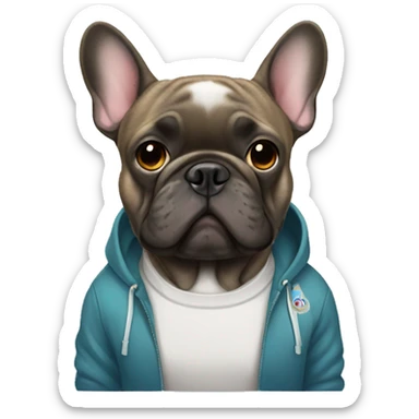 Brindle Frenchbulldog wearing a sweatshirt sticker