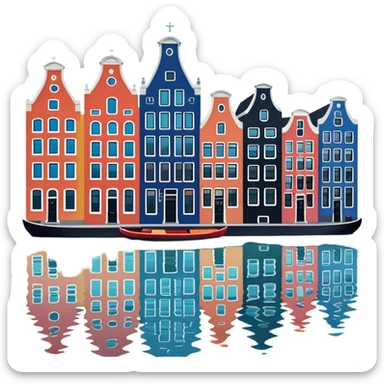 Cinematic Realistic Amsterdam Canal Houses Landmark Emoji, featuring narrow, gabled facades in vibrant colors reflecting on the calm canal waters. sticker