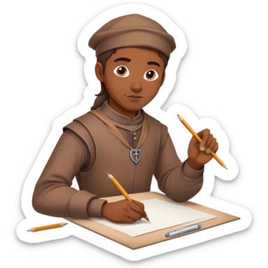 smart medieval painter apprentice with brown clothes drawing paper and pencil sticker