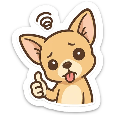 Abstract emoticon pack, a Chihuahua head with a dementia, tilting its head, sticking out its tongue, giving a thumbs up, and an ambiguous expression sticker