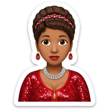 Aretha Franklin with dark brown hair, red sequin outfit sticker