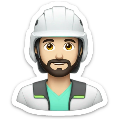 A young Turkish electrical engineer with a light black beard, a white helmet and a phosphorescent protection jacket sticker