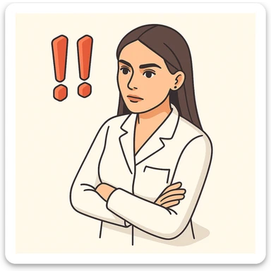 Edit the image to depict a female doctor with dark long straight hair and detailed brown eyes (not just dots). She should wear a white coat, be in a neutral serious pose, with a minimalist background. Include two exclamation marks next to her. Style: 2D isometric. sticker