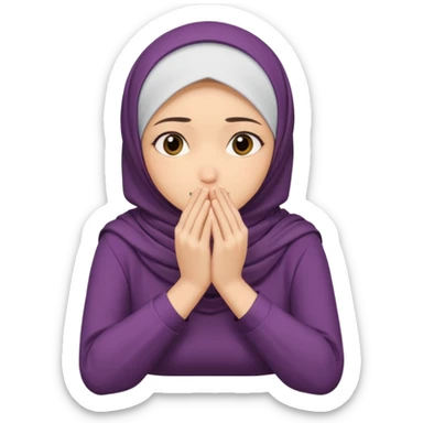  Hijabi girl sitting and hiding her face from her hands made into half open fists and completely covered her face.Her face is completely covered from his hands made in half open fists sticker