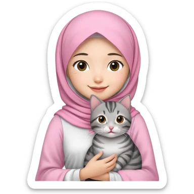 Asian White girl wearing pink hijab and white dress holding a black grey tabby cat while smiling.  sticker