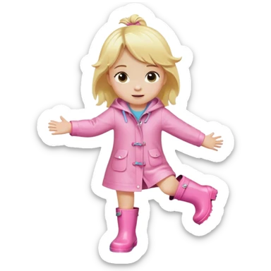 Blonde little girl in light pink rain boots splashing in a puddle sticker