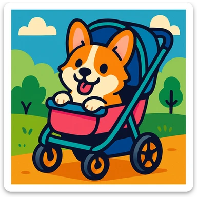 a cute corgi sitting in a dog stroller, playful and friendly, cartoon style, vibrant colors sticker