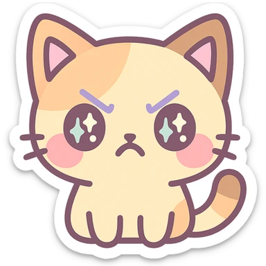 kawaii chibi-style cat emoji with pastel orange and brown cream fur, anime-style angry expression, sparkly eyes, blushing cheeks, pastel color palette, soft rounded design, vector art sticker