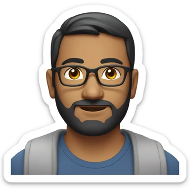 A head and shoulders shot of a 35 year old South Asian man, with short black hair, with beard facial hair,  wearing glasses with brown eyes wearing a t-shirt. sticker