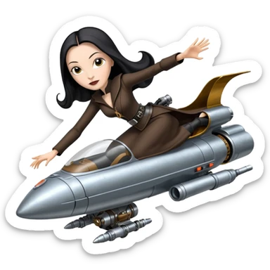 Jedi teen Morticia Addams flying a chrome accented Jumpspeeder anti-gravity repulsorlift powered by an imperial speeder steampunk  sticker