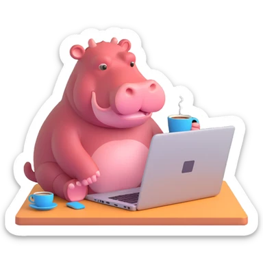 A cartoon hippopotamus who sits at a laptop and drinks coffee sticker