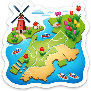 Map of the Netherlands showing canals, tulips, and windmills sticker