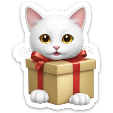 White cat opening Christmas present sticker