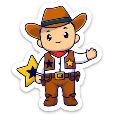 A cartoon stuffed baby cowboy toy with star-shaped patches and a little sheriff badge sticker