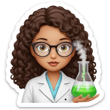 realistic bratz doll with long curly dark brown hair, glasses that are round cat eye vibes, in a lab coat mixing beakers that glow sticker