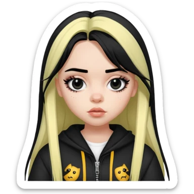 billie eilish as pretty bratz baddie, sharp black eyeliner, black hair sticker