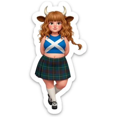 buff curly woman with frecles with light brown messy hair with straight bangs covering her eyes with brown cow tail with fat thights with cow horns and cow brown ears with big butt in a short scottish kilt with extra large breasts dressed in crop top with scottish flag stands with crossed legs sticker