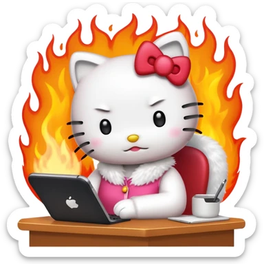 Apple-style emoji illustration of hello kitty character calmly sitting at an office desk, looking at a smartphone and looking relaxed, while the office behind her is subtly on fire. sticker