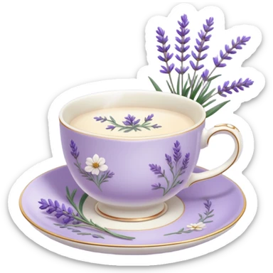 White teacup on a pastel purple plate, lavender flowers on the side, pastelcore aesthetic, cottagecore sticker