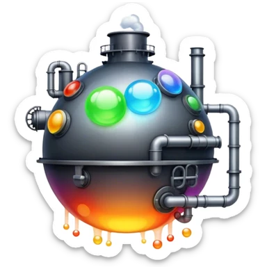 An emoji of a factory, but instead of smoke, creative ideas are coming out as glowing bubbles. sticker