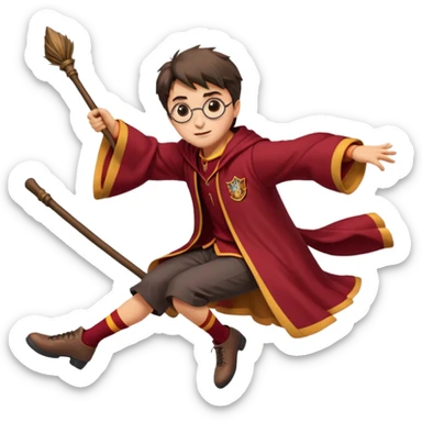 Cartoon-style illustration of Harry Potter flying on a broomstick, Gryffindor red and gold outfit, expressive face, dynamic motion, magical vibe, smooth shading, vibrant colors, no background, transparent background, isolated character. sticker