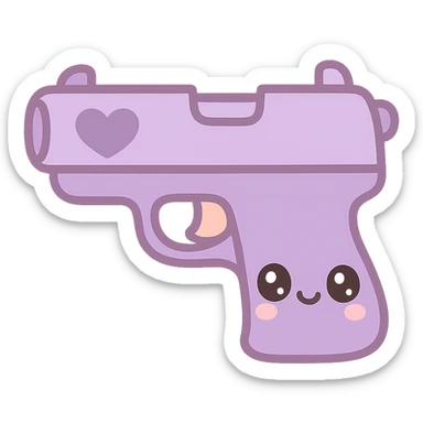 purple heart pistol, kawaii style, cute face on the handle, big eyes sticker
