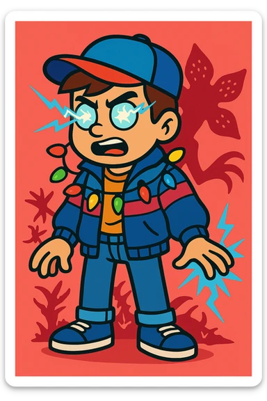 Stranger Things inspired character in vibrant toon style, wearing 80s clothing with supernatural effects, Christmas lights, and Demogorgon hints, variation 2. sticker