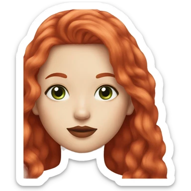straight long strawberry red hair,red lipstick red,green eyes, white skin and a small nose sticker