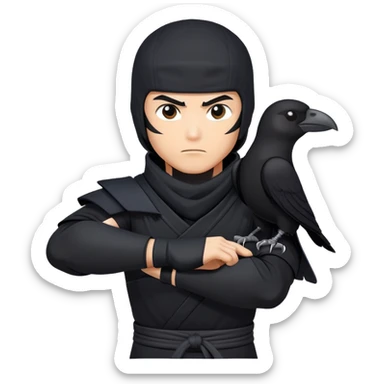 clash-of-clans-aesthetic_-cinematic-mysterious-male-ninja-portrait-emoji, rendered in a flat, vector-style with minimal shading and bold, simplified shapes, with a head slightly turned revealing intense, focused eyes. the ninja has his arm out and perched on top of his forearm is  a  giant black crow sticker